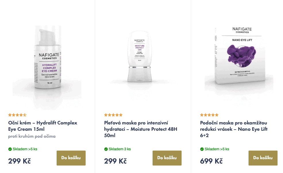 10 tipů na nejzajímavější české značky kosmetiky 1 Česká značka kosmetiky Nafigate. Na fotce oční krém, pleťová maska a podoční maska pro okamžitou redukci vrásek.