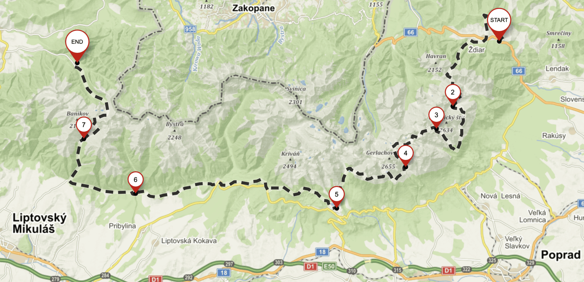 Karte der Tatra-Durchquerung in der Slowakei
