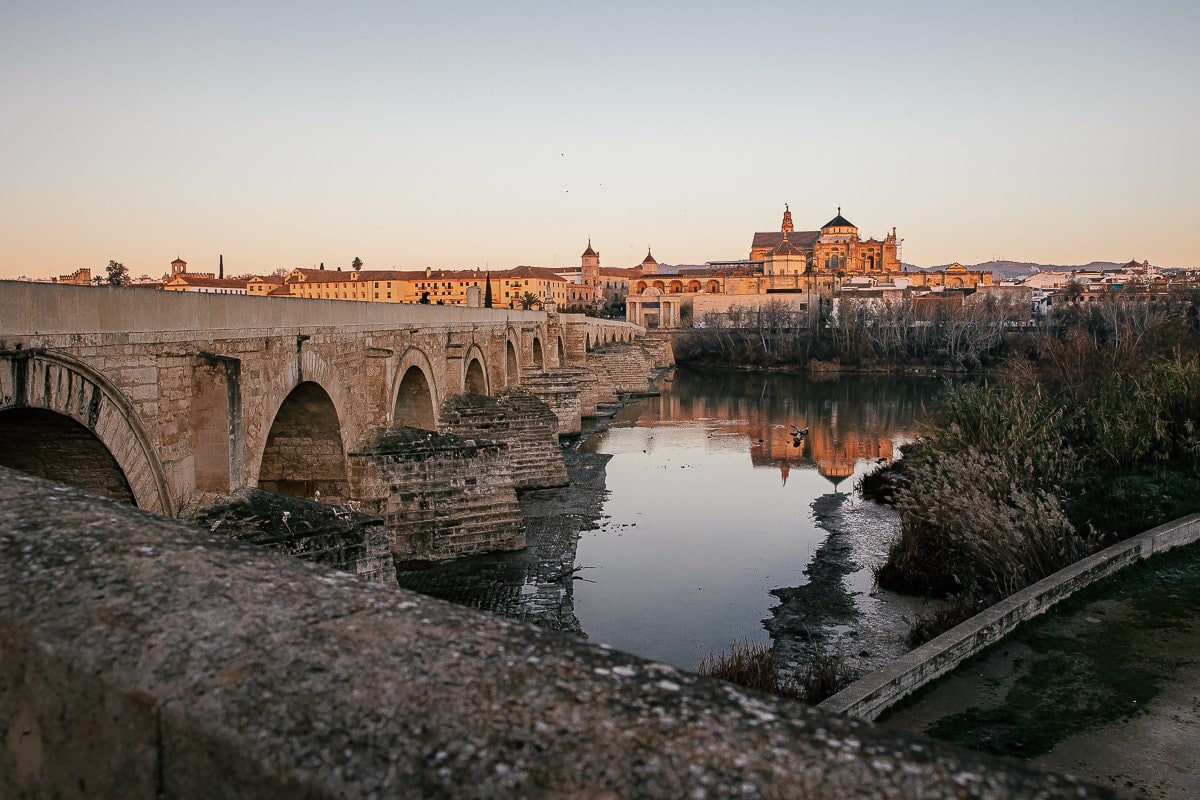 Roman bridge from the 1st century BC in Cordoba at sunrise