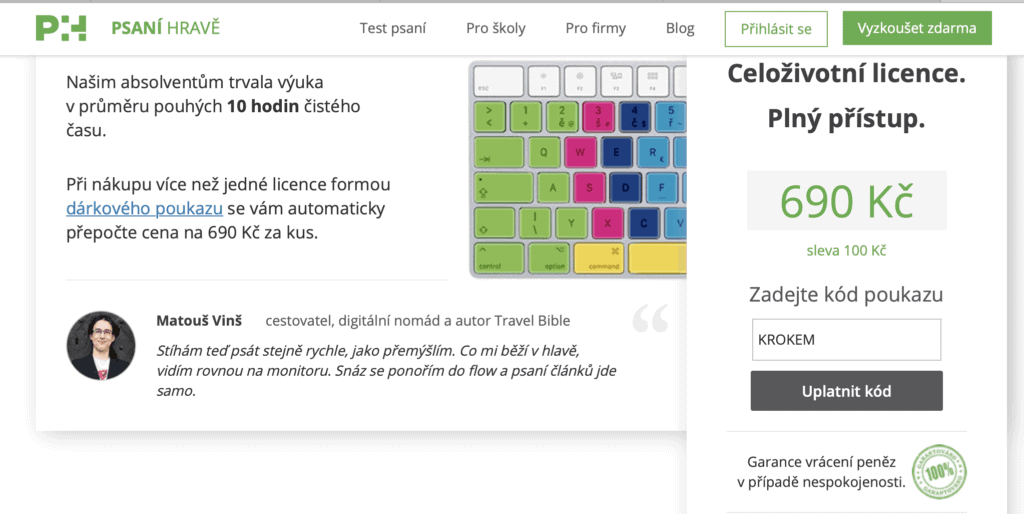 Recenze Psaní Hravě: Jak se naučit psát všemi deseti 4 dny (sleva 100 kč) 5 Psaní hravě všemi deseti. Slevový kód na 100 Kč vložte při nákupu