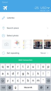 Spendee mobile app adding an expense
