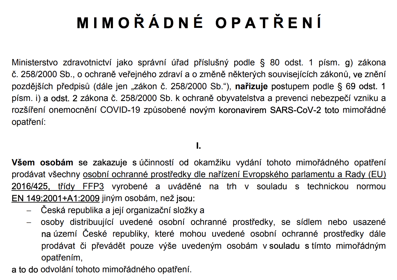Zákaz prodeje respirátorů - nařízení ministerstva zdravotnictví